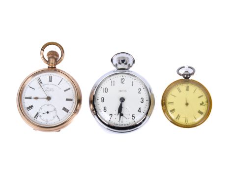 Three pocket watches. Comprising a vintage silver cased example with white enamel face, hallmarks to inside back of case and 