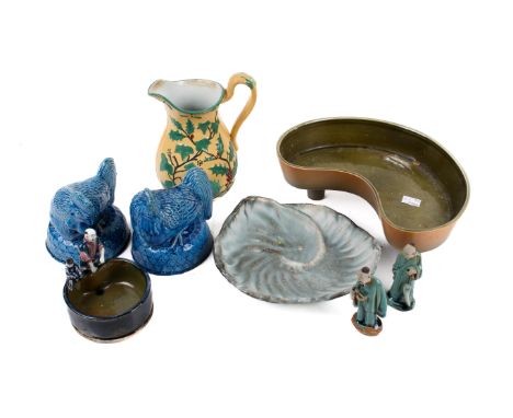 A group of assorted ceramic items. Including a green glazed kidney shaped Beswick dish, blue glazed pottery chickens, Japanes
