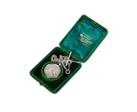 A vintage silver case pocket watch and silver Albert chain. The watch with black Roman numerals to the silvered face, with gi