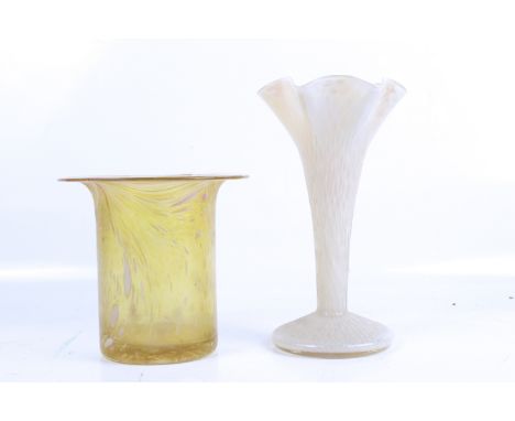 Two pieces of 20th century studio glass vases. Comprising an opalescent trumpet vase with a fluted rim and textured exterior,