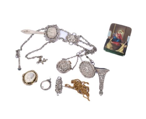 Collection of jewellery. Including silver and gilt metal circular paste set locket, silver paste set insect brooch, gilt-meta
