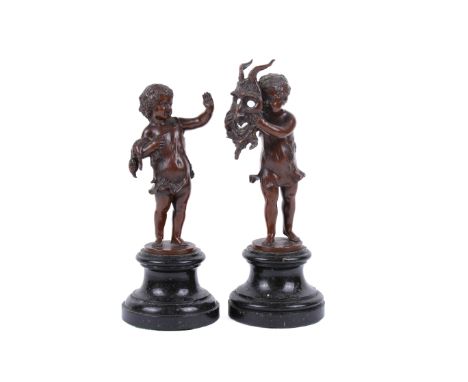 Franz iffland (1862-1935), pair of late 19th century bronze figures modelled as children playing. Raised on turned marble pli