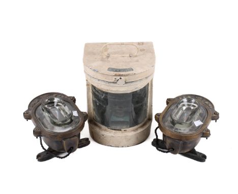 Three vintage electric ship's lights. Including a pair of brass 'The Wigan' plus a 'Stern' lantern. Max. H30cm