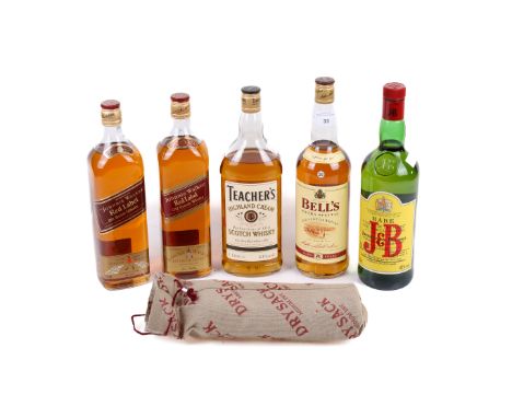 Five bottles of assorted 1 litre whisky. Including two Johnnie Walker Red Label, Bell's Extra Speical, J&B Rare whisky and Te