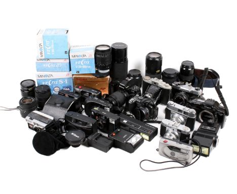 Box of assorted vintage film cameras. Including SLR and compact, etc. 