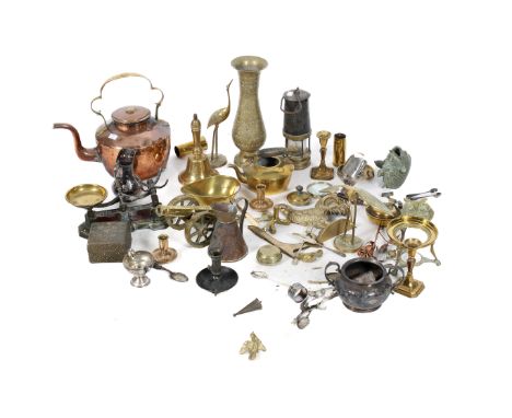 A collection of assorted metalware. Including a large copper kettle, etc.