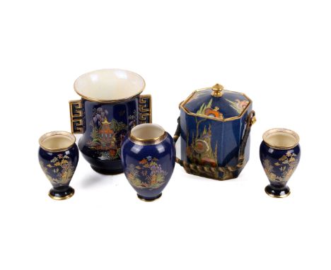 Five pieces of 20th century Crown Devon lustre ware items. Including a biscuit barrel and a pair of small vases, all having d