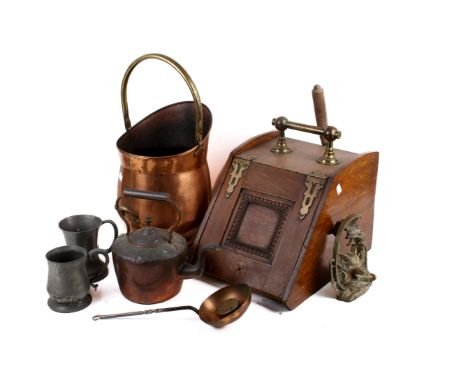 A group of assorted metalware. Including copper coal scuttle, a kettle, etc. Largest H52cm
