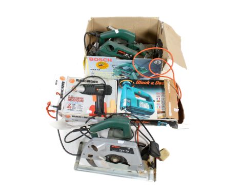 An assortment of power tools. Including a Bosch Black and Decker, etc. All items in this auction are sold as seen, We are una
