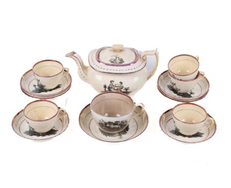 19th century Sunderland lustre ceramic tea set (AF). Including boat shaped tea pot and six cups, etc. Max. 14cm Condition Rep