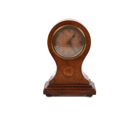 Edwardian mahogany inlaid mantel balloon time piece. H22cm