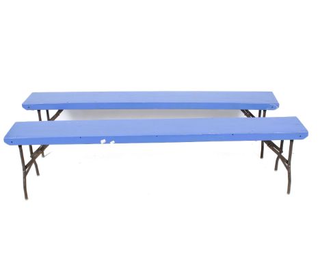 Pair of blue painted wooden bench seats. H42cm x W183cm x D25cm