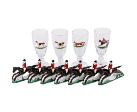 Group of hunting related drinking glasses and seven 'horse' napkin rings. Max. H17cm