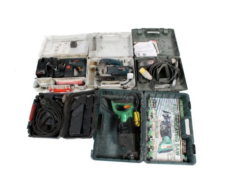 A collection of five power tools, all in cases. Including a Bosch GBH 12 VRE cordless hammer drill, etc. All items in this au