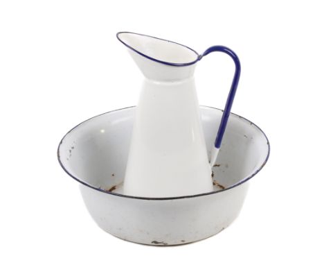 A vintage white enamel wash basin (AF) and water jug. Max. H32cm