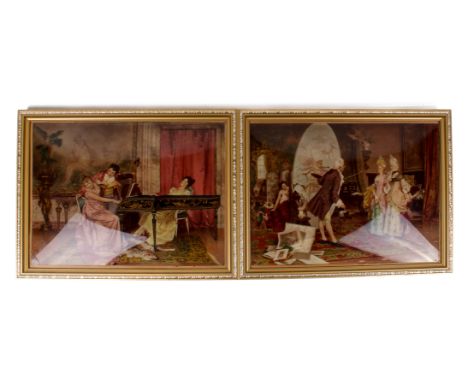 Two late Victorian Christoleums. One depicting figures playing instruments, the other a flirtatious scene of an artist social