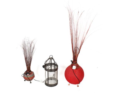 A group of three contemporary assorted lights. Consisting of two floor lamps and a hall lantern style pendant light. Max. H12