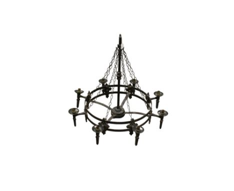 Large metal chandelier. Of circular form with eight light fittings. Diameter 94cm H85cm