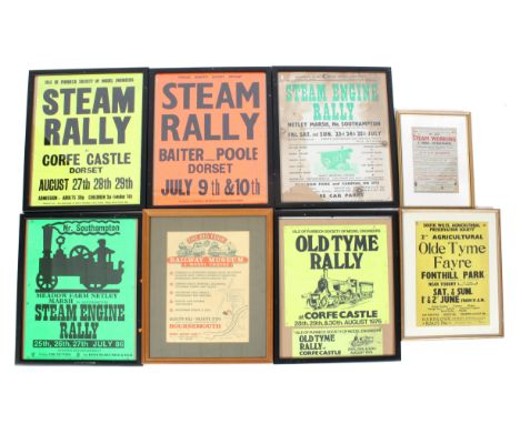 Eight vintage posters promoting Steam Rallies. Circa 1970s, including 'Olde Tyme Fayre, 37cm x 26.5cm, Bournemouth Railway Mu