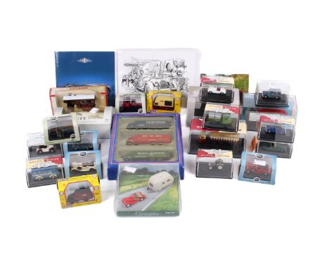 A collection of 1:76 scale diecast vehicles. Including three EFE caravans, a Corgi Bedford OB coach with Trossachs Trundler, 