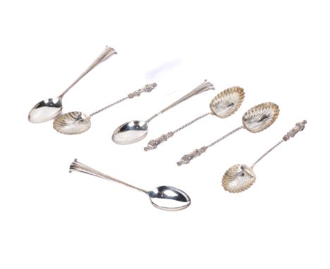Seven Victorian and later silver teaspoons. Comprising four apostle spoons with hallmarks for London 1896, and three further 