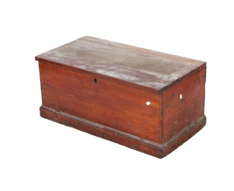 A stained pine tool storage chest. H42cm x W91cm x D48cm