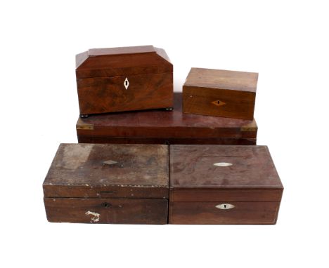 A 19th century mahogany writing slope and four other boxes. The writing slope having brass bindings, a red leather writing su