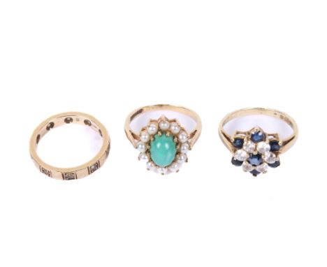 Three 9ct gold dress rings. Comprising a white and blue stone cluster ring, size J, a turquoise and seed pearl ring, size J/K