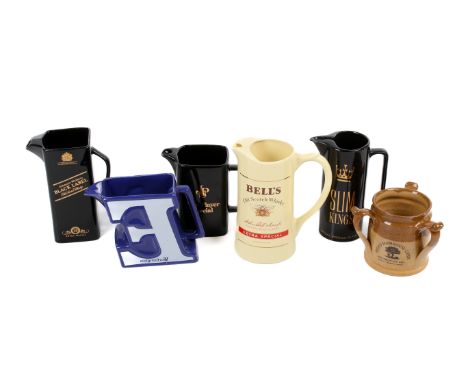 Breweriana - five assorted ceramic advertising water jugs and a stoneware cider mug. Including two Old Scotch Whisky jugs, a 