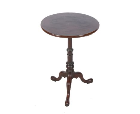 A mahogany tripod table. The circular top mounted on a turned wooden stem, H72cm x Diameter 50cm