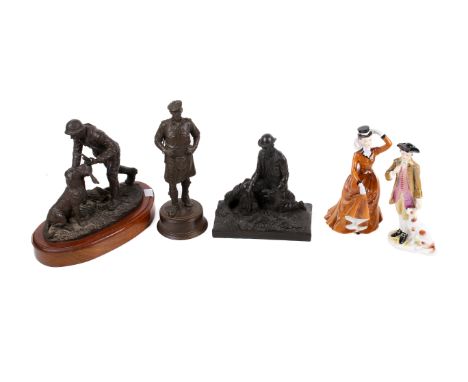 Group of assorted 20th century figures. Including ceramic two Staffordshire figures, bronzed resin hunting figure group, etc.