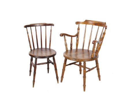 Two late 19th early / 20th century Swedish penny seat stick back Windsor chairs. One with arms both raised with turned suppor