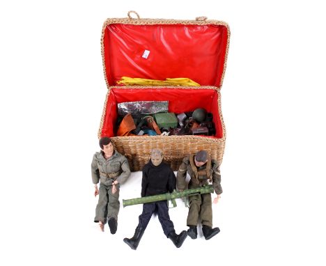 An assortment of Action Men figures and accessories. Comprising three vintage figures, various outfits, a rubber dinghy, etc.