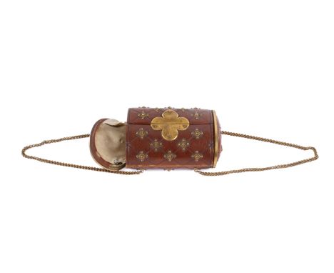 A Victorian brown leather bag etui. Mounted with gilt brass studs and clasp, having chain handles, the interior lined in crea