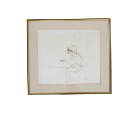 John Stanton Ward (British, 1917-2007), ink and pencil sketch of a boy seated at a desk. Signed and dated 1967 lower right, 3