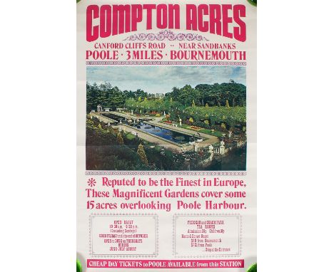 A vintage British Railway Station poster. Promoting Compton Acres in Poole, 76cm x 51cm 