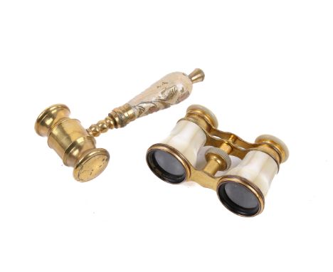 Contemporary brass gavel and a pair of early 20th century mother-of-pearl opera glasses. The gavel 15cm long