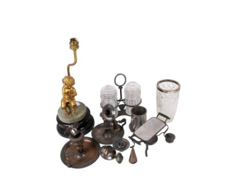 Mixed collection of metalware and glass items. Including silver plated chamber sticks, a mug, and a glass vase with a silver 