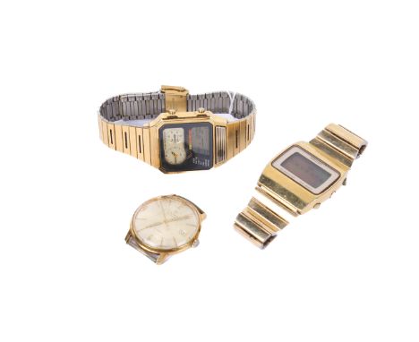 Three gentleman's wristwatches. Including a Seiko Quartz with booklet, a Citizen Quartz with alarm chronograph, and a gold pl