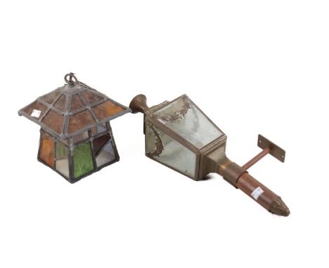 Arts and Crafts style leaded glass hall lantern and a brass carriage example. Max. H50cm (2).