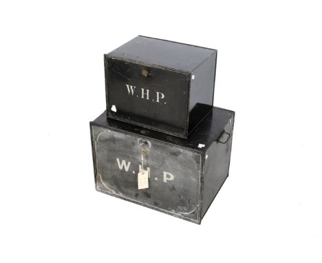 Two assorted vintage black painted solicitors' deeds boxes 'W.A.P.'. Max. H40cm x W56cm x D41cm