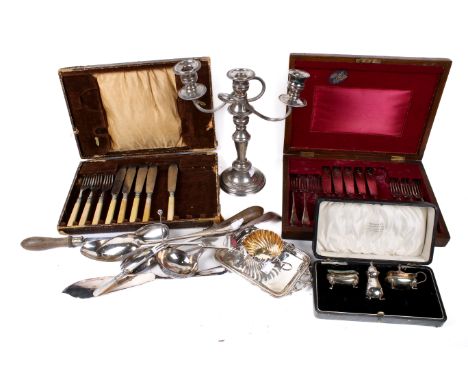 Assorted silverplated items. Including a candelabra, small tray and a jug, etc. Max. H27cm