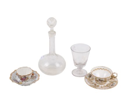 Group of assorted 19th century china and glass items. Including a Meissen cup and saucer, Georgian goblet, decanter, etc