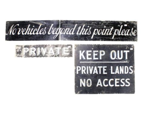 Three assorted vintage painted on metal 'Private' signs. Max. 61cm x 51cm