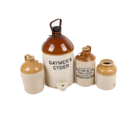 A Gaymers Cyder barrel, Blake Bros Langport wine and spirits flagon, Saxon & Co Botanical Brewers flagon and one other.