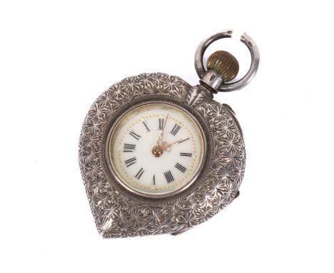 A vintage engraved heart shaped fob watch. With black Roman numerals to the white dial, diameter of dial 1.7cm, the inside ba