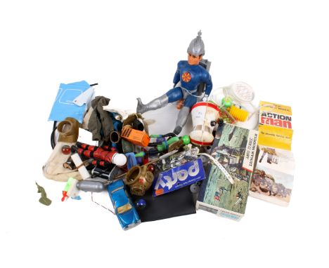 An assortment of mid-century and later toys. Including a vintage Mattel Captain Lazer 'eye beam' action figure, diecast, glas