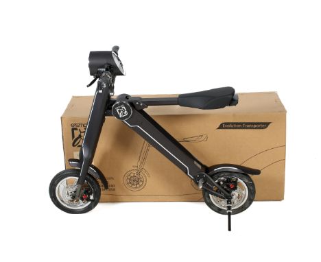 An Evolution Transporter ET smart high quality foldable / portable black electric scooter. Aluminium frame with built in 40V 