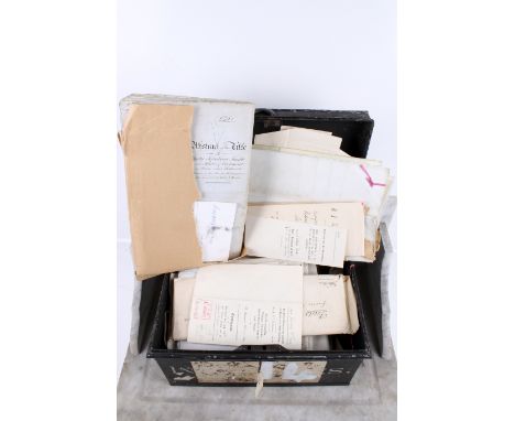Vintage solicitors' black painted tin deeds box and contents. H22cm x W39cm x 29cm