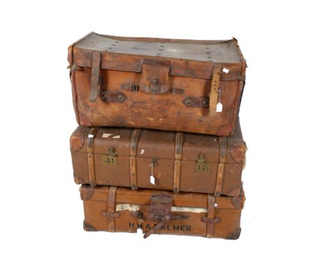 Three assorted vintage travel trunks. Max. H43cm x W84cm x D48cm